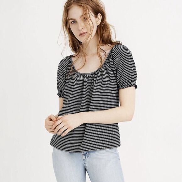 Madewell Texture & Thread Peasant Stripe Top black, scoopneck puff sleeve XS - Picture 1 of 7